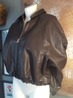 Zara Womens Brown Faux Leather Bomber Jacket - Classic Zip Front